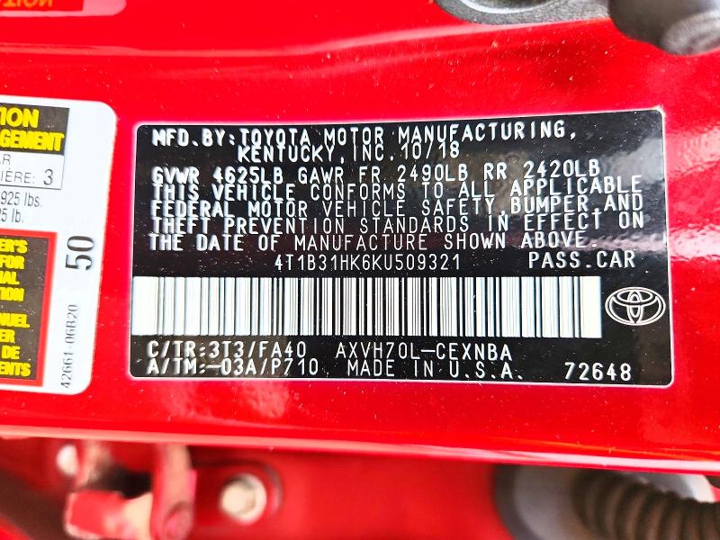 Auction sale of the 2019 Toyota Camry, vin: 4T1B31HK6KU509321, lot number: 70793276