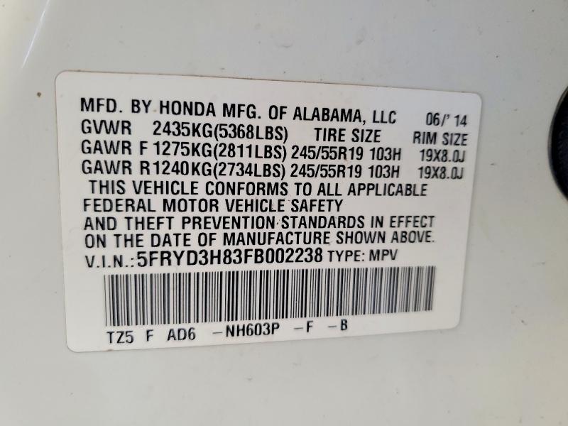 70691406 :رقم المزاد ، 5FRYD3H83FB002238 vin ، 2015 Acura Mdx مزاد بيع