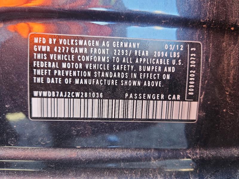 66796756 :رقم المزاد ، WVWDB7AJ2CW281036 vin ، 2012 Volkswagen Golf مزاد بيع