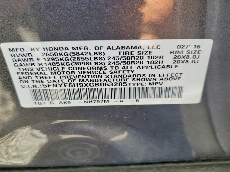 2016 Honda Pilot მანქანა იყიდება აუქციონზე, vin: 5FNYF6H9XGB063285, აუქციონის ნომერი: 68664696