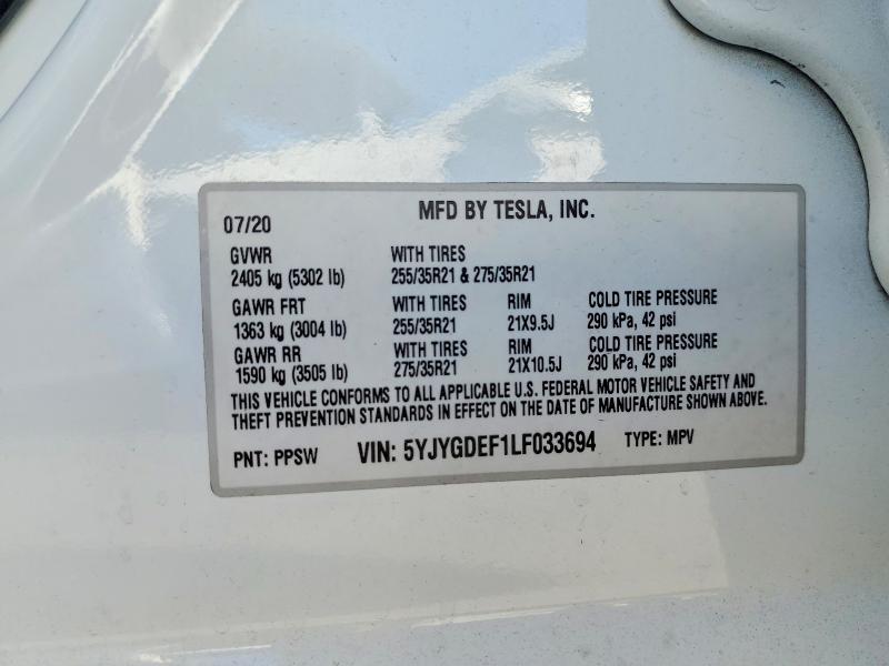 2020 Tesla Model Y მანქანა იყიდება აუქციონზე, vin: 5YJYGDEF1LF033694, აუქციონის ნომერი: 70627626