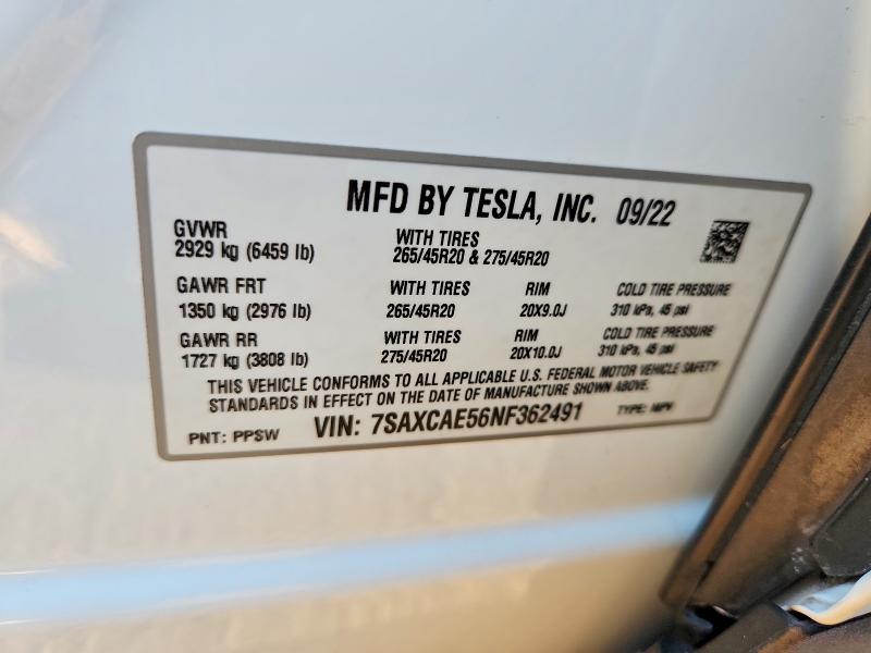 68690476 :رقم المزاد ، 7SAXCAE56NF362491 vin ، 2022 Tesla Model X مزاد بيع