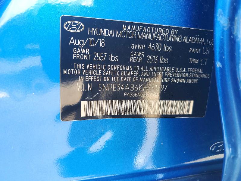 69177596 :رقم المزاد ، 5NPE34AB6KH731297 vin ، 2019 Hyundai Sonata مزاد بيع