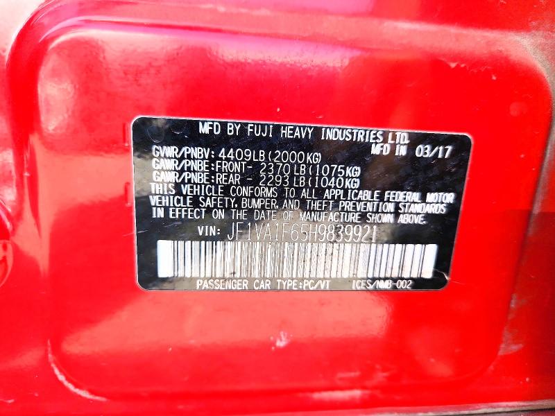 2017 Subaru Wrx მანქანა იყიდება აუქციონზე, vin: JF1VA1F65H9839921, აუქციონის ნომერი: 69050526