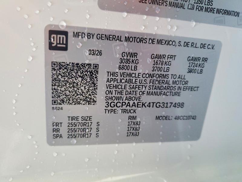 2026 Chevrolet Silverado მანქანა იყიდება აუქციონზე, vin: 3GCPAAEK4TG317498, აუქციონის ნომერი: 70558326
