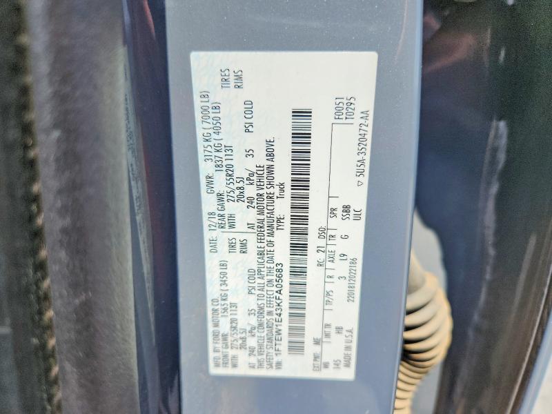 2019 Ford F150 მანქანა იყიდება აუქციონზე, vin: 1FTEW1E43KFA05683, აუქციონის ნომერი: 67161316