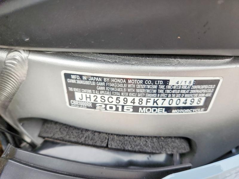 69312166 :رقم المزاد ، JH2SC5948FK700498 vin ، 2015 Honda Cbr1000 مزاد بيع