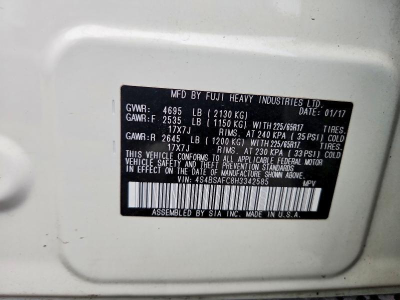 2017 Subaru Outback მანქანა იყიდება აუქციონზე, vin: 4S4BSAFC8H3342585, აუქციონის ნომერი: 67433806