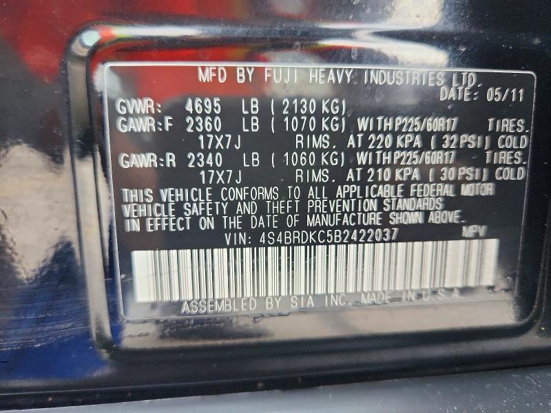 68748316 :رقم المزاد ، 4S4BRDKC5B2422037 vin ، 2011 Subaru Outback مزاد بيع