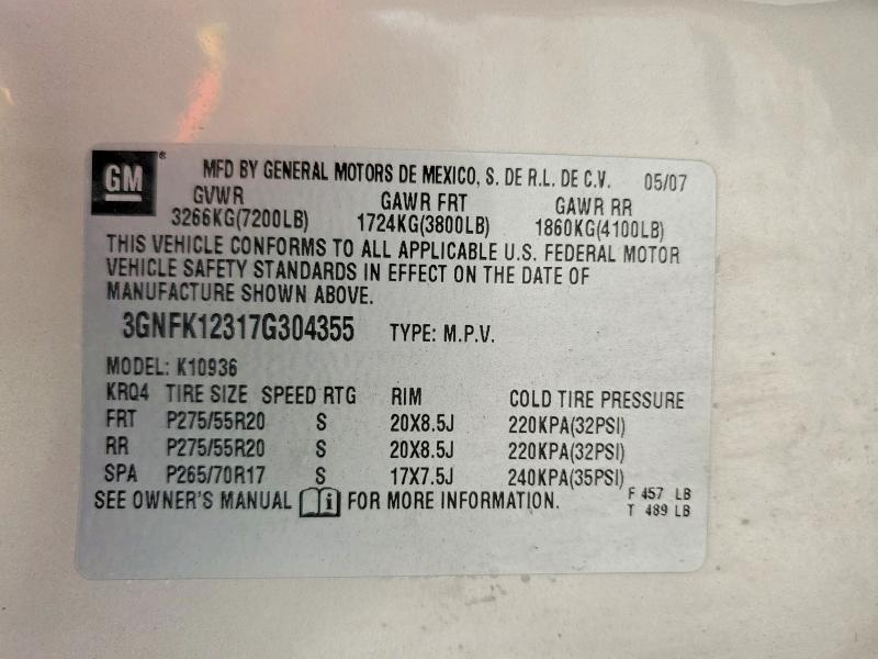 Aukcja sprzedaży 2007 Chevrolet Avalanche, vin: 3GNFK12317G304355, numer aukcji: 66681076