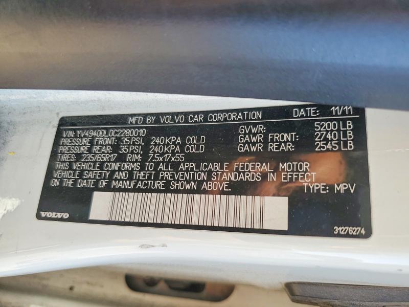 Aukcja sprzedaży 2012 Volvo Xc60, vin: YV4940DL0C2280010, numer aukcji: 69727576