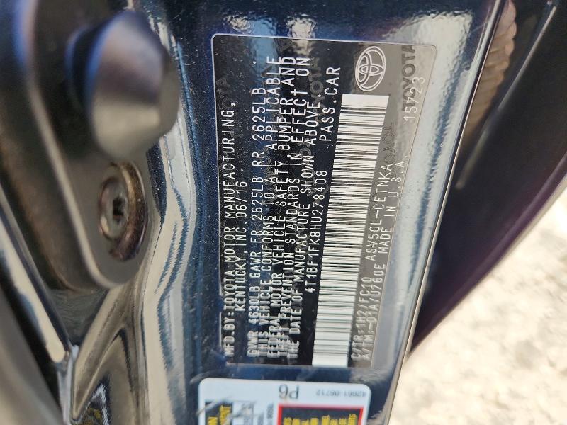 2017 Toyota Camry მანქანა იყიდება აუქციონზე, vin: 4T1BF1FK8HU278408, აუქციონის ნომერი: 66756716