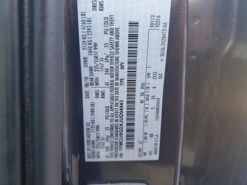 68294156 :رقم المزاد ، 1FMCU9GDXJUD04943 vin ، 2018 Ford Escape مزاد بيع