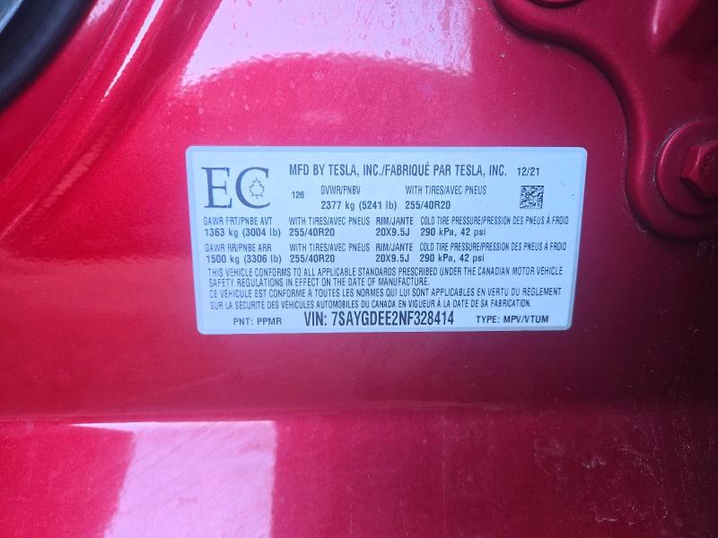 Продажа на аукционе авто 2022 Tesla Model Y, vin: 7SAYGDEE2NF328414, номер лота: 62228736