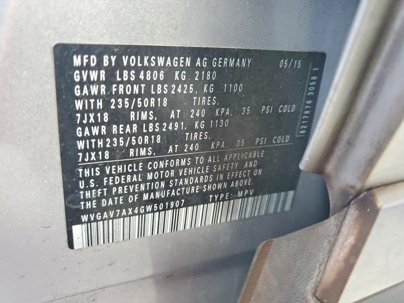 2016 Volkswagen Tiguan მანქანა იყიდება აუქციონზე, vin: WVGAV7AX4GW501907, აუქციონის ნომერი: 66536486