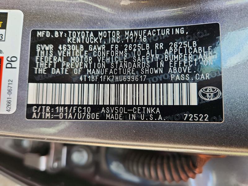 Aukcja sprzedaży 2017 Toyota Camry, vin: 4T1BF1FK7HU699617, numer aukcji: 68829836