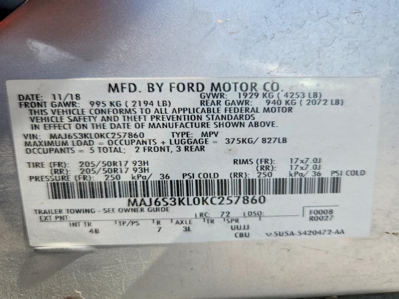 Продаж на аукціоні авто 2019 Ford Ecosport, vin: MAJ6S3KL0KC257860, номер лоту: 65411006