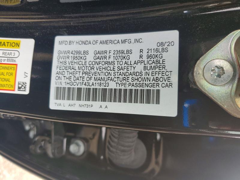 2020 Honda Accord მანქანა იყიდება აუქციონზე, vin: 1HGCV1F43LA118123, აუქციონის ნომერი: 67510036