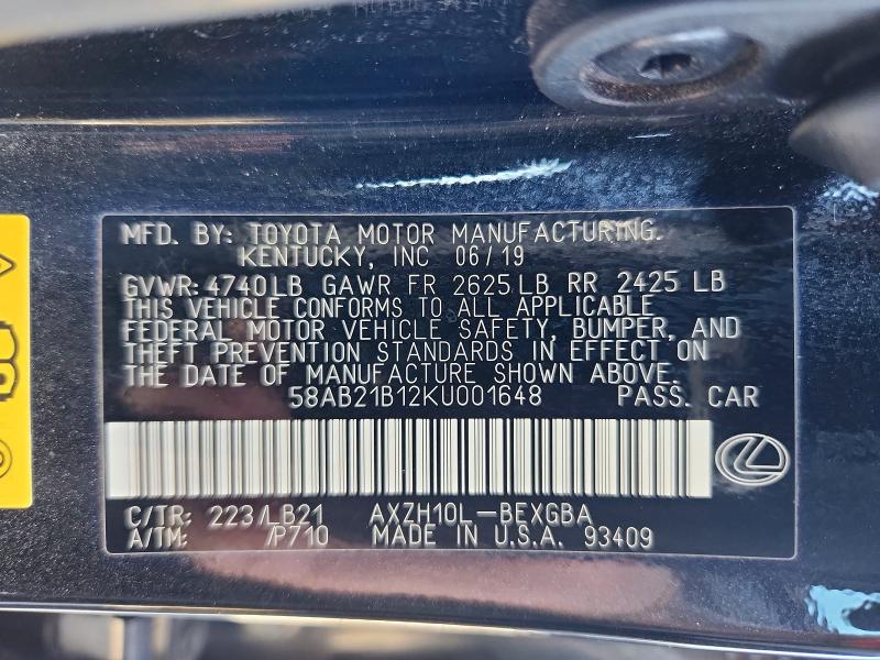 2019 Lexus Es მანქანა იყიდება აუქციონზე, vin: 58AB21B12KU001648, აუქციონის ნომერი: 68678076