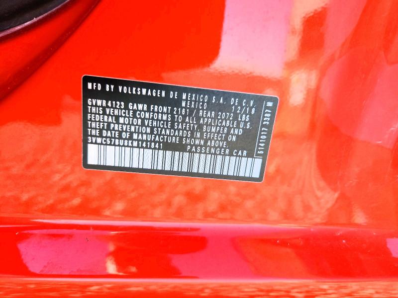 70730726 :رقم المزاد ، 3VWC57BU8KM141841 vin ، 2019 Volkswagen Jetta مزاد بيع