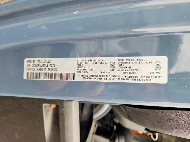 2020 Ram Promaster 3500 მანქანა იყიდება აუქციონზე, vin: 3C6URVJGXLE143721, აუქციონის ნომერი: 69907716
