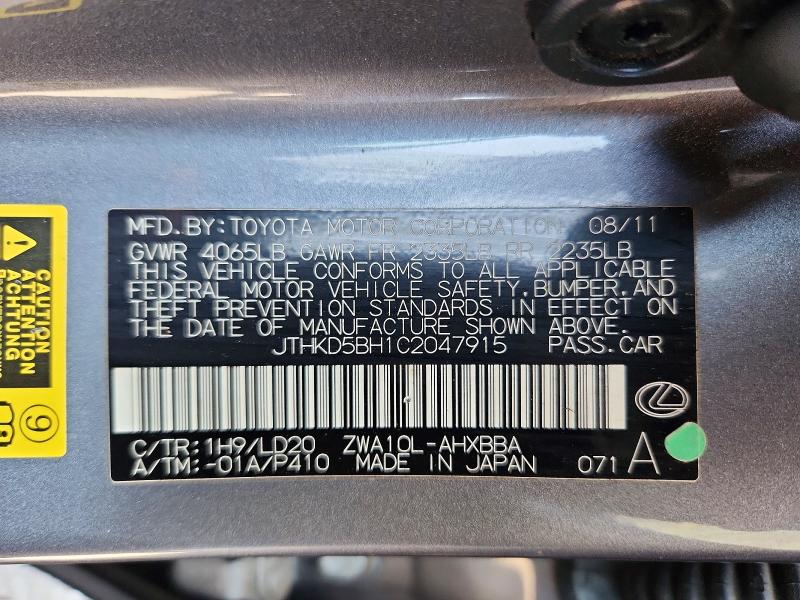 Aukcja sprzedaży 2012 Lexus Ct, vin: JTHKD5BH1C2047915, numer aukcji: 68093526