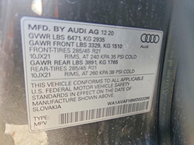 Aukcja sprzedaży 2021 Audi Q8, vin: WA1AVAF16MD022296, numer aukcji: 68223886