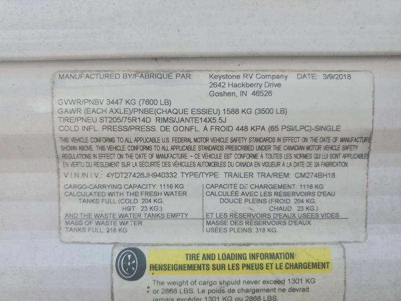 Продажа на аукционе авто 2018 Keystone Coleman, vin: 4YDT27426JH940332, номер лота: 68925106