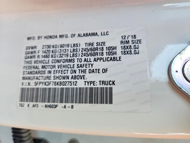 67118176 :رقم المزاد ، 5FPYK3F78KB027512 vin ، 2019 Honda Ridgeline مزاد بيع