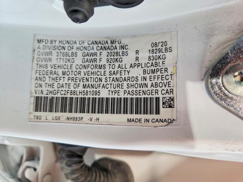 2020 Honda Civic მანქანა იყიდება აუქციონზე, vin: 2HGFC2F88LH581095, აუქციონის ნომერი: 67252766
