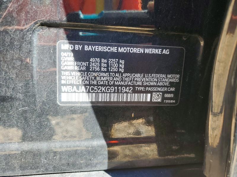 2019 Bmw 530 მანქანა იყიდება აუქციონზე, vin: WBAJA7C52KG911942, აუქციონის ნომერი: 68567926