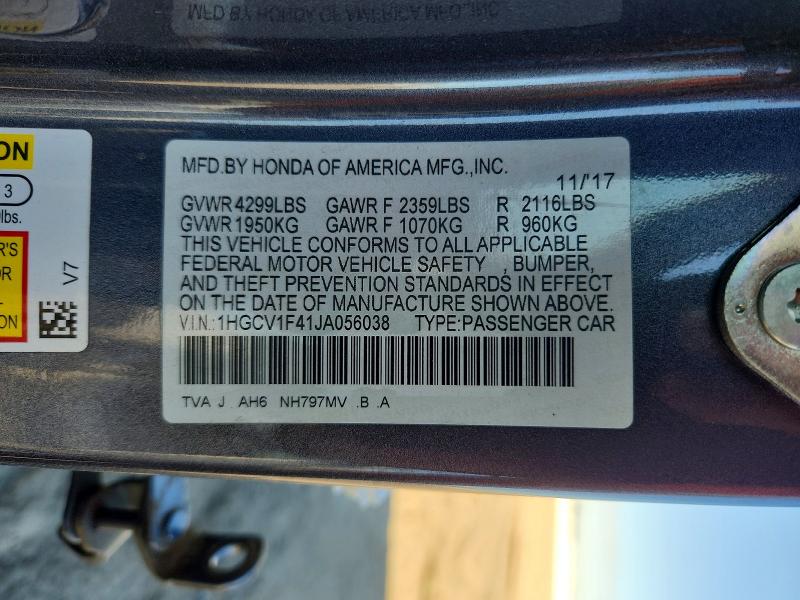 2018 Honda Accord მანქანა იყიდება აუქციონზე, vin: 1HGCV1F41JA056038, აუქციონის ნომერი: 67651916