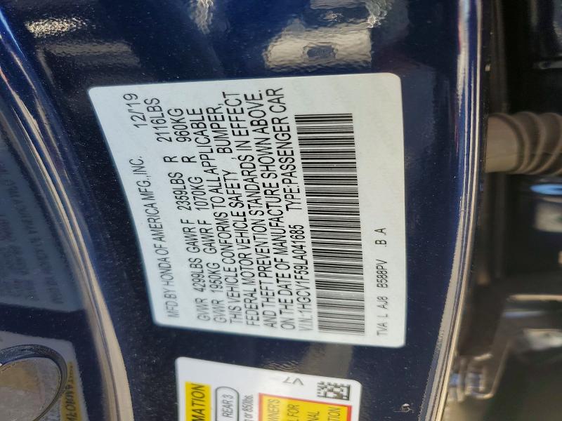 69044116 :رقم المزاد ، 1HGCV1F59LA041685 vin ، 2020 Honda Accord مزاد بيع