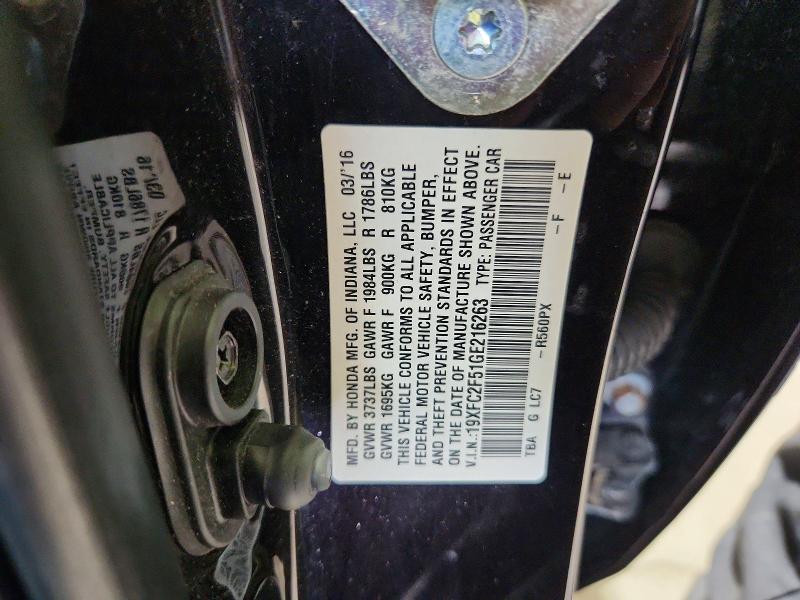2016 Honda Civic მანქანა იყიდება აუქციონზე, vin: 19XFC2F51GE216263, აუქციონის ნომერი: 67597636