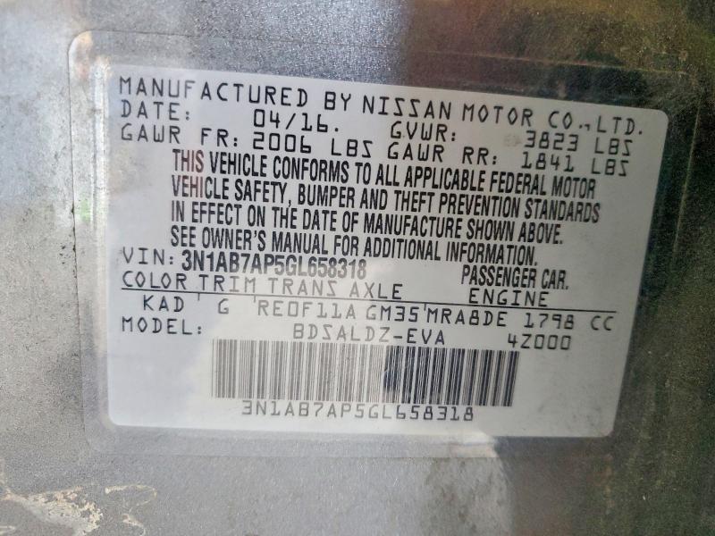 2016 Nissan Sentra მანქანა იყიდება აუქციონზე, vin: 3N1AB7AP5GL658318, აუქციონის ნომერი: 67843986