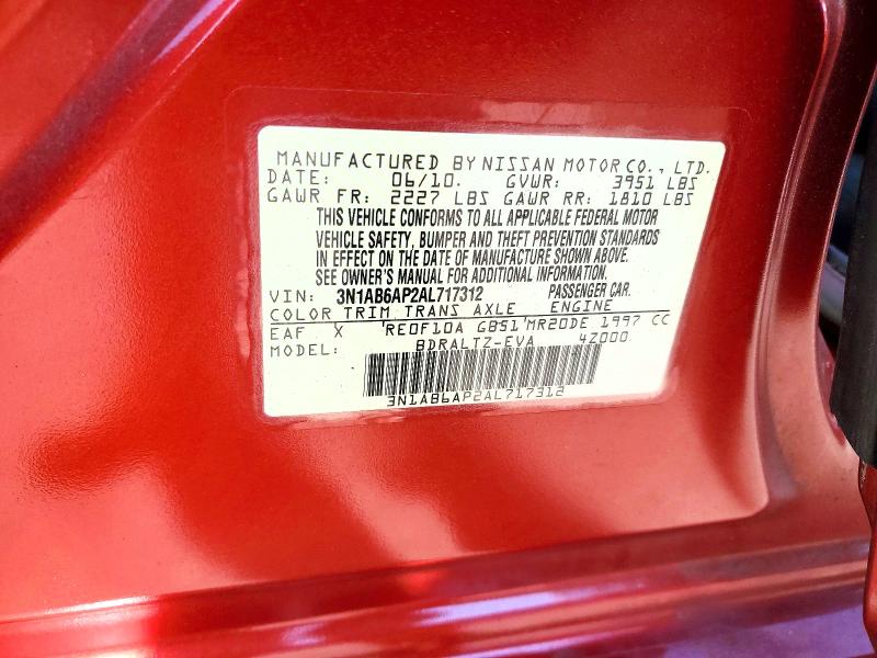 2010 Nissan Sentra მანქანა იყიდება აუქციონზე, vin: 3N1AB6AP2AL717312, აუქციონის ნომერი: 68643796
