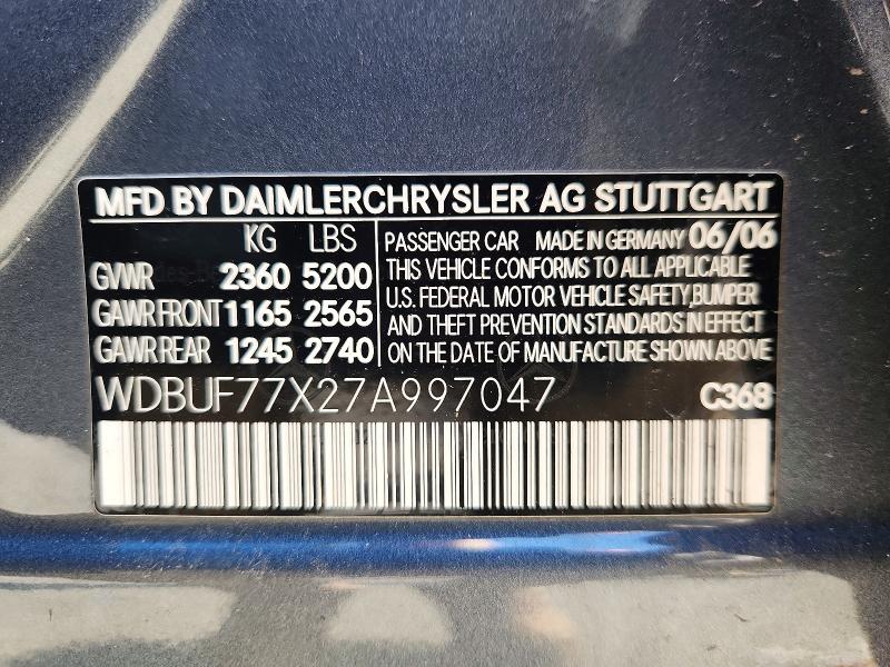 67803226 :رقم المزاد ، WDBUF77X27A997047 vin ، 2007 Mercedes-benz E مزاد بيع