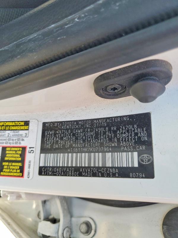 2019 Toyota Camry მანქანა იყიდება აუქციონზე, vin: 4T1B11HK7KU737964, აუქციონის ნომერი: 71018976