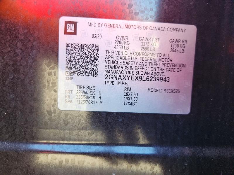 68880866 :رقم المزاد ، 2GNAXYEX9L6239943 vin ، 2020 Chevrolet Equinox مزاد بيع