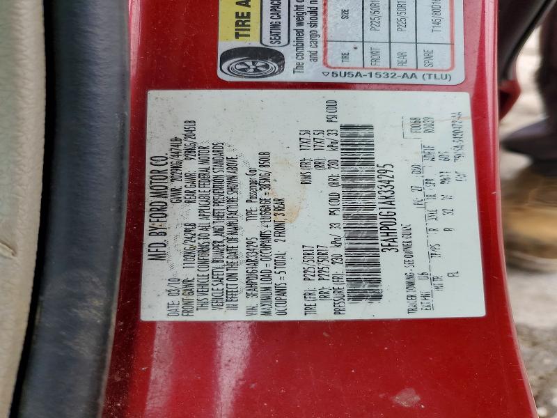 68444466 :رقم المزاد ، 3FAHP0JG1AR334295 vin ، 2010 Ford Fusion مزاد بيع