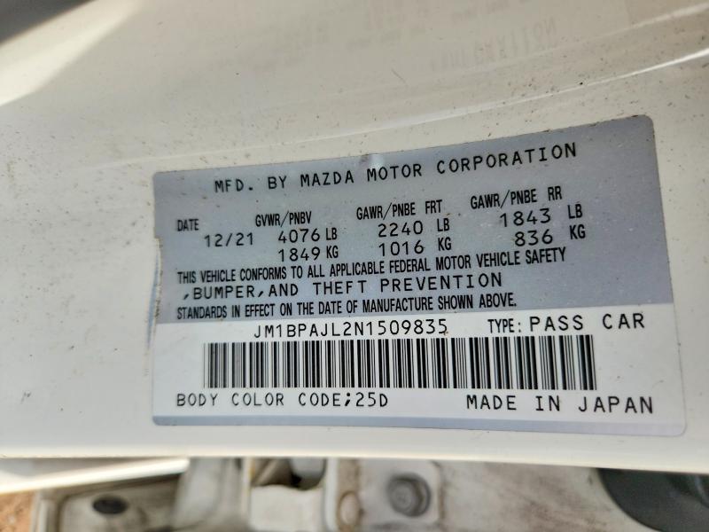 70280436 :رقم المزاد ، JM1BPAJL2N1509835 vin ، 2022 Mazda 3 مزاد بيع