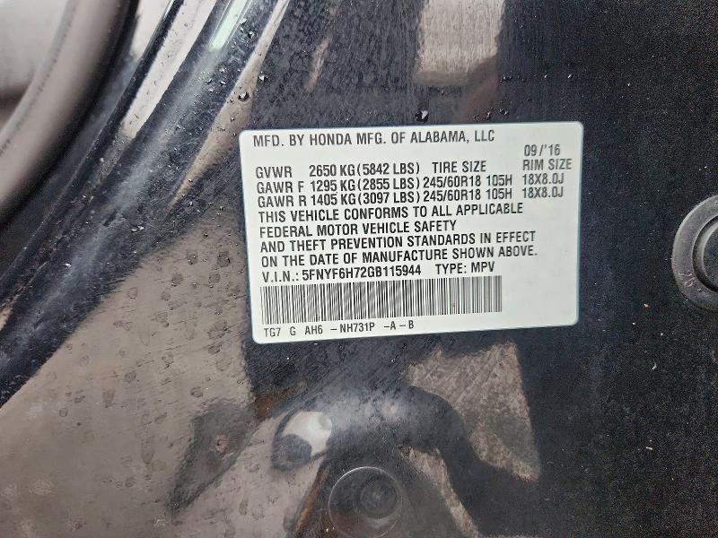 Aukcja sprzedaży 2016 Honda Pilot, vin: 5FNYF6H72GB115944, numer aukcji: 70954816