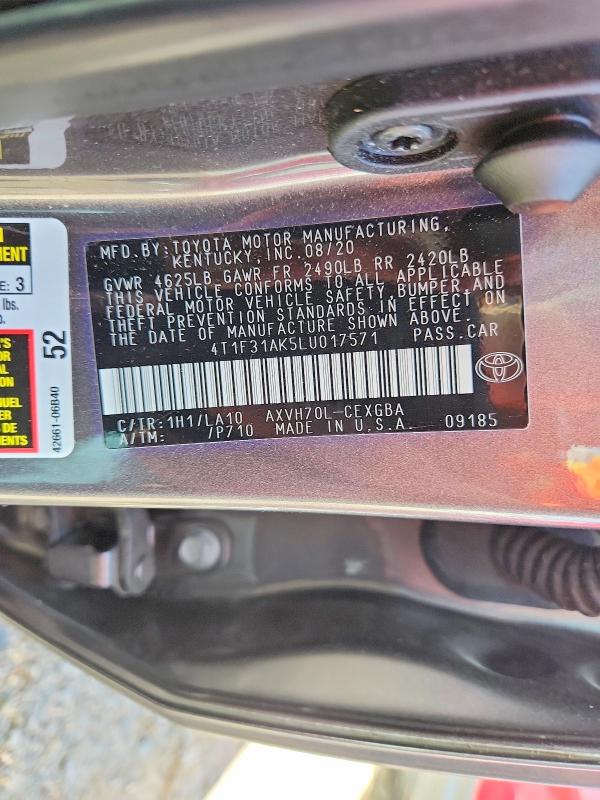 69961486 :رقم المزاد ، 4T1F31AK5LU017571 vin ، 2020 Toyota Camry مزاد بيع
