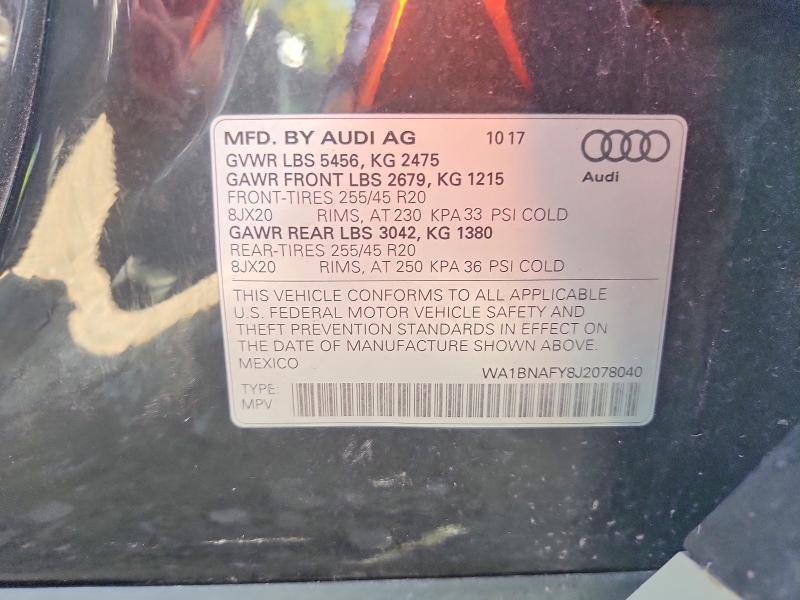 2018 Audi Q5 მანქანა იყიდება აუქციონზე, vin: WA1BNAFY8J2078040, აუქციონის ნომერი: 68842866