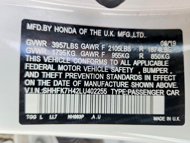 Aukcja sprzedaży 2020 Honda Civic, vin: SHHFK7H42LU402255, numer aukcji: 69094216