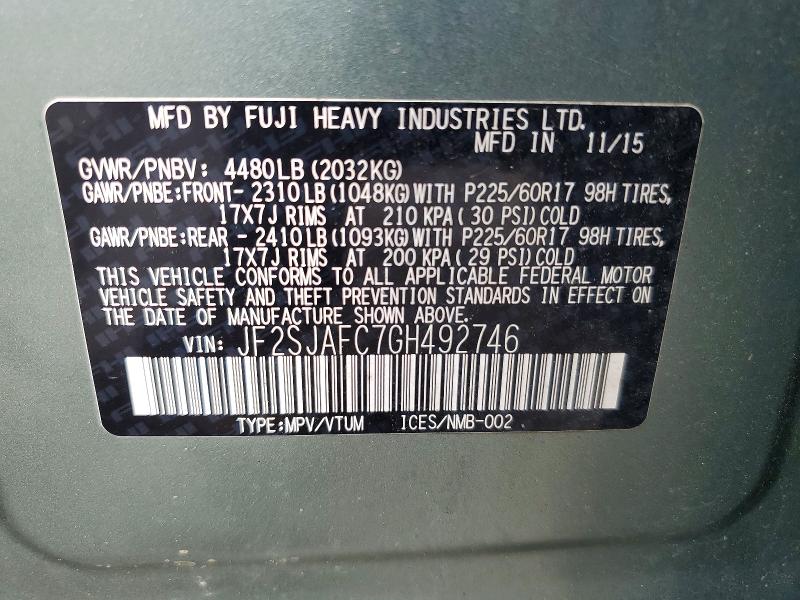 66379686 :رقم المزاد ، JF2SJAFC7GH492746 vin ، 2016 Subaru Forester مزاد بيع