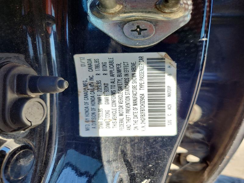 66253746 :رقم المزاد ، 2HGFB2F87CH329454 vin ، 2012 Honda Civic مزاد بيع