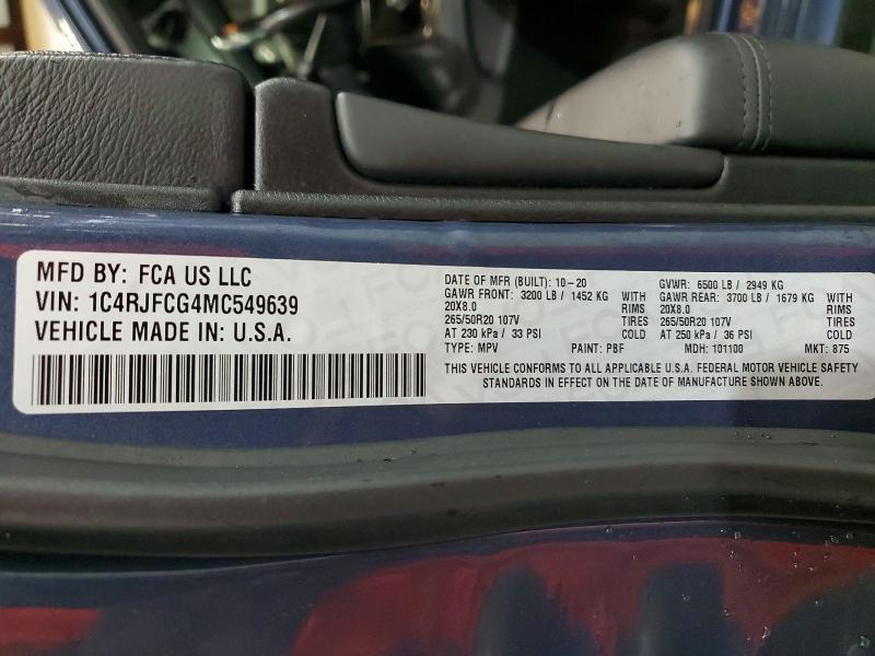 Aukcja sprzedaży 2021 Jeep Grand Cherokee, vin: 1C4RJFCG4MC549639, numer aukcji: 71026826