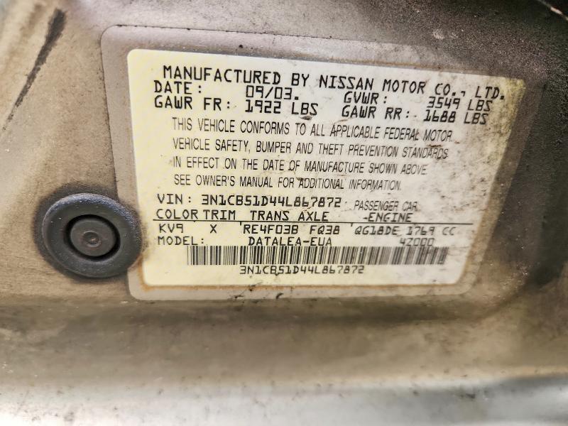 Aukcja sprzedaży 2004 Nissan Sentra, vin: 3N1CB51D44L867872, numer aukcji: 68405876