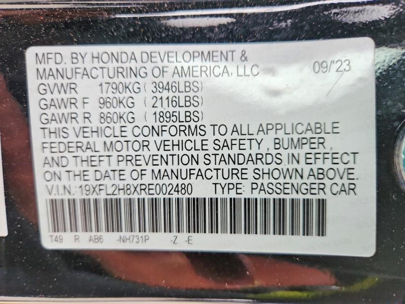 69434056 :رقم المزاد ، 19XFL2H8XRE002480 vin ، 2024 Honda Civic مزاد بيع
